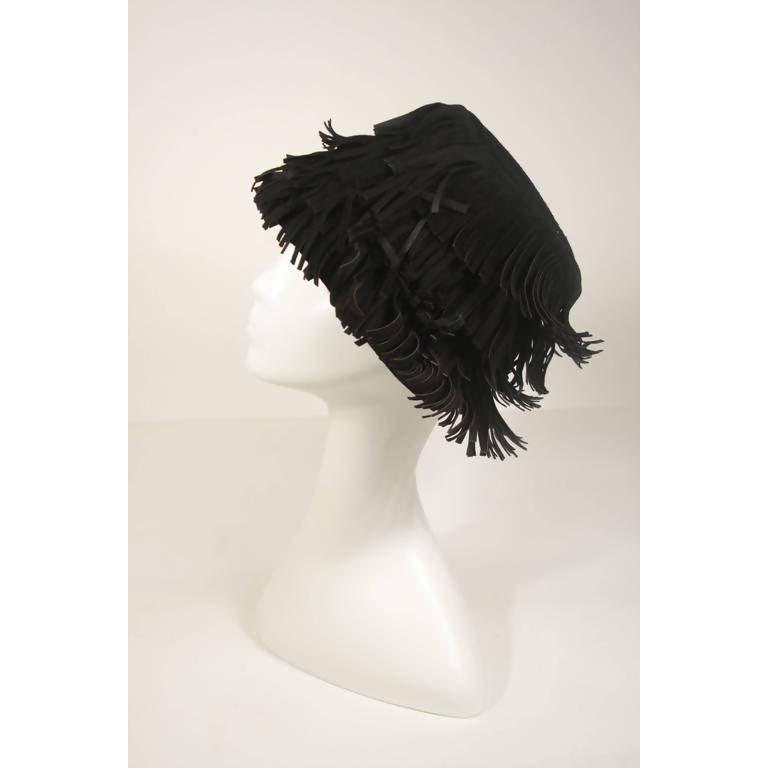 YVES SAINT LAURENT Black Suede Fringe Hat | Size 58 - theREMODA