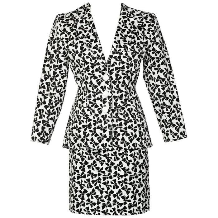 YVES SAINT LAURENT Cotton Black and White Bow Print Skirt Suit, 1980s - theREMODA