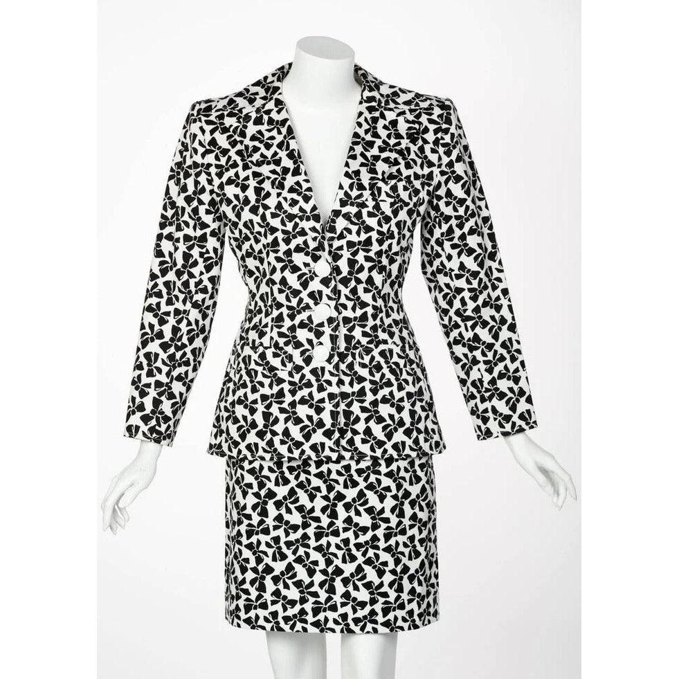 YVES SAINT LAURENT Cotton Black and White Bow Print Skirt Suit, 1980s - theREMODA