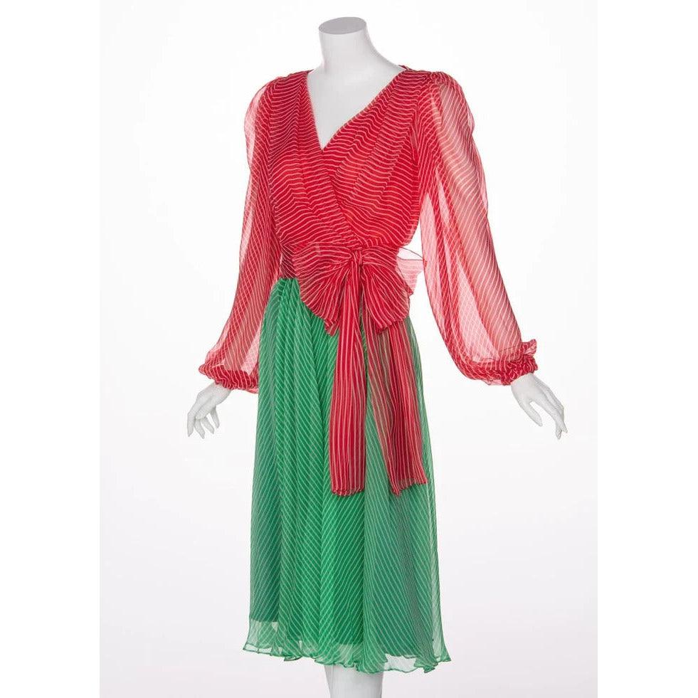 YVES SAINT LAURENT Haute Couture Red / Green Stripe Silk Chiffon Dress - theREMODA