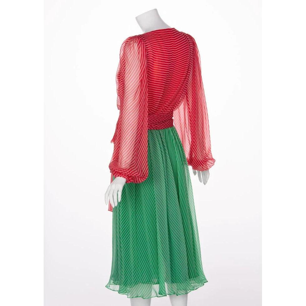 YVES SAINT LAURENT Haute Couture Red / Green Stripe Silk Chiffon Dress - theREMODA