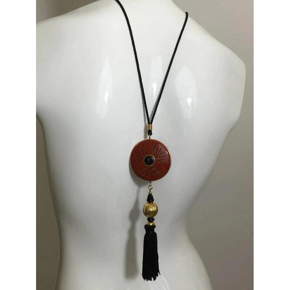 YVES SAINT LAURENT Vintage Opium Pendant & Gold Bead Black Tassel Necklace - theREMODA