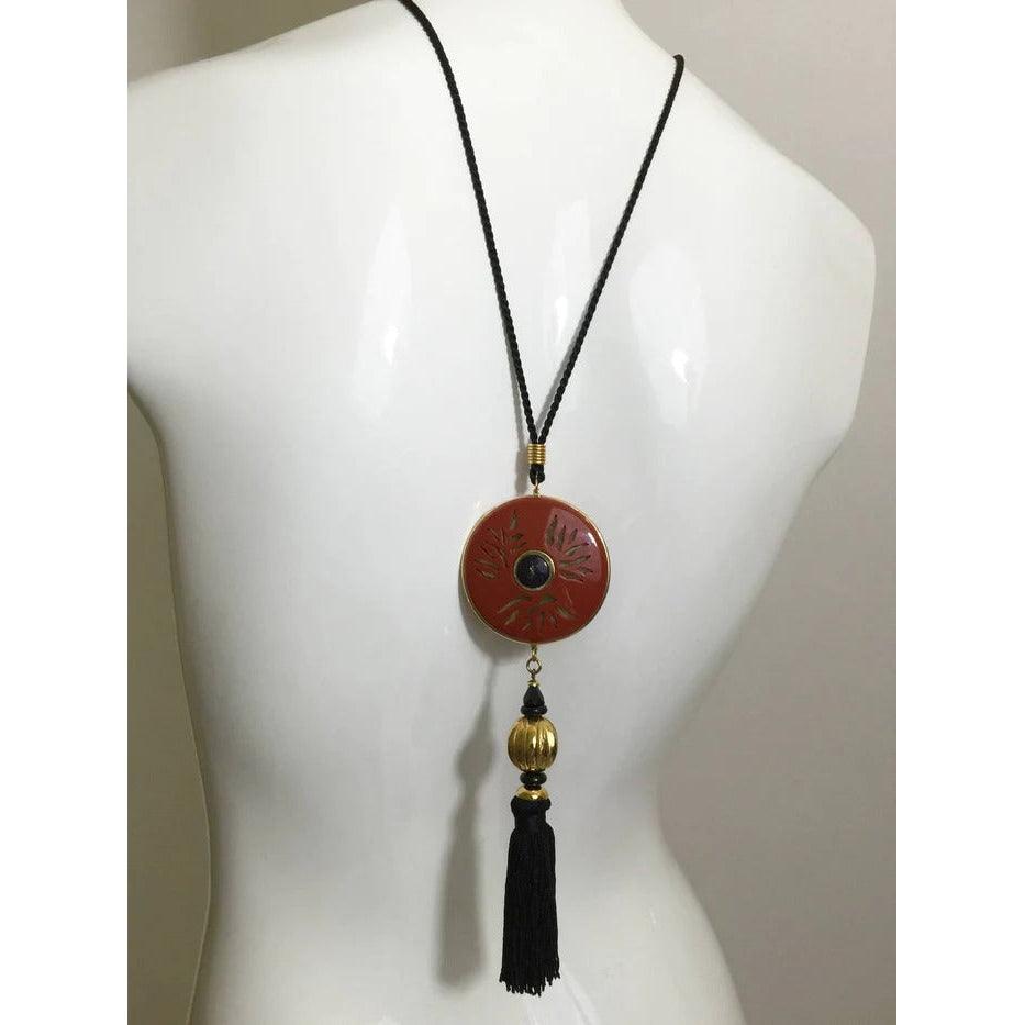 YVES SAINT LAURENT Vintage Opium Pendant & Gold Bead Black Tassel Necklace - theREMODA