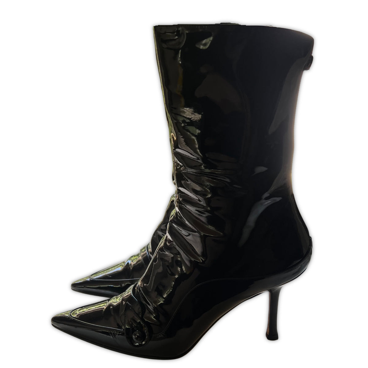CHANEL Black Patent Leather Pointed Toe Boots | Size 38.5