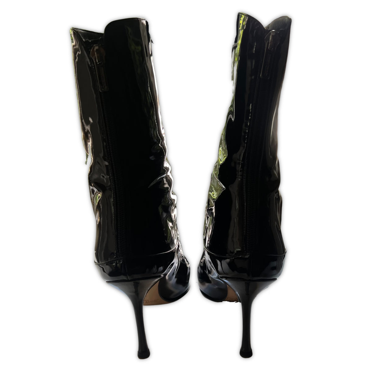 CHANEL Black Patent Leather Pointed Toe Boots | Size 38.5