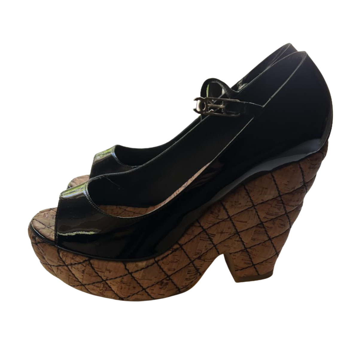CHANEL Black Sandal Wedge Heels | Size 38.5