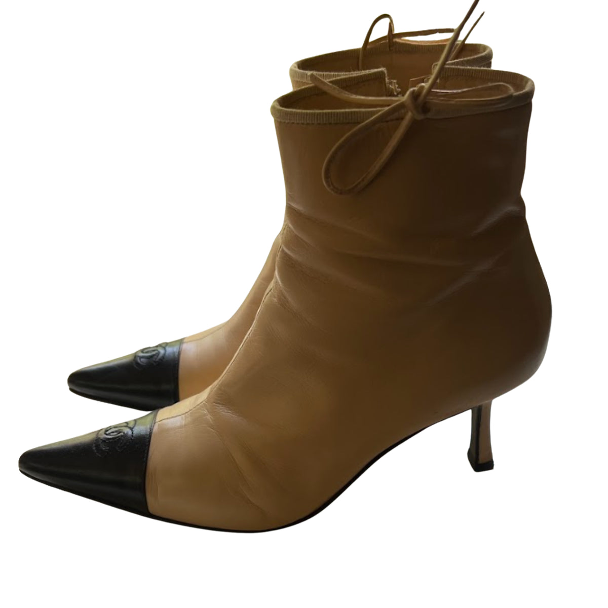 CHANEL Tan and Black Pointed Toe Leather Boots | Size 38.5