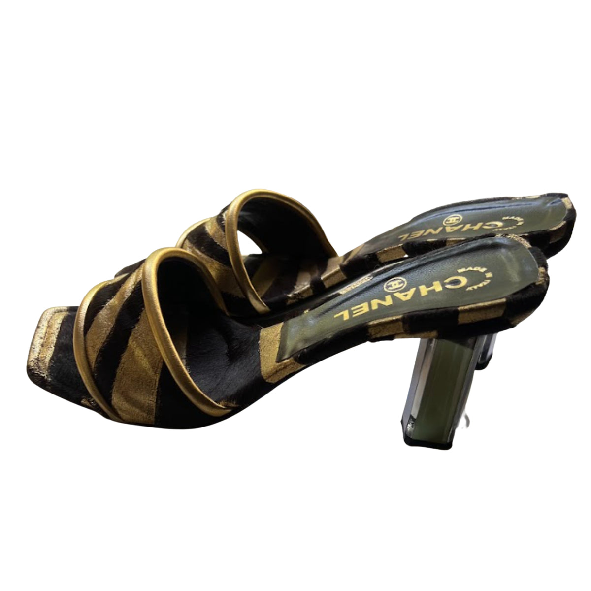 CHANEL Black and Gold Zebra Print Heels | Size 38.5