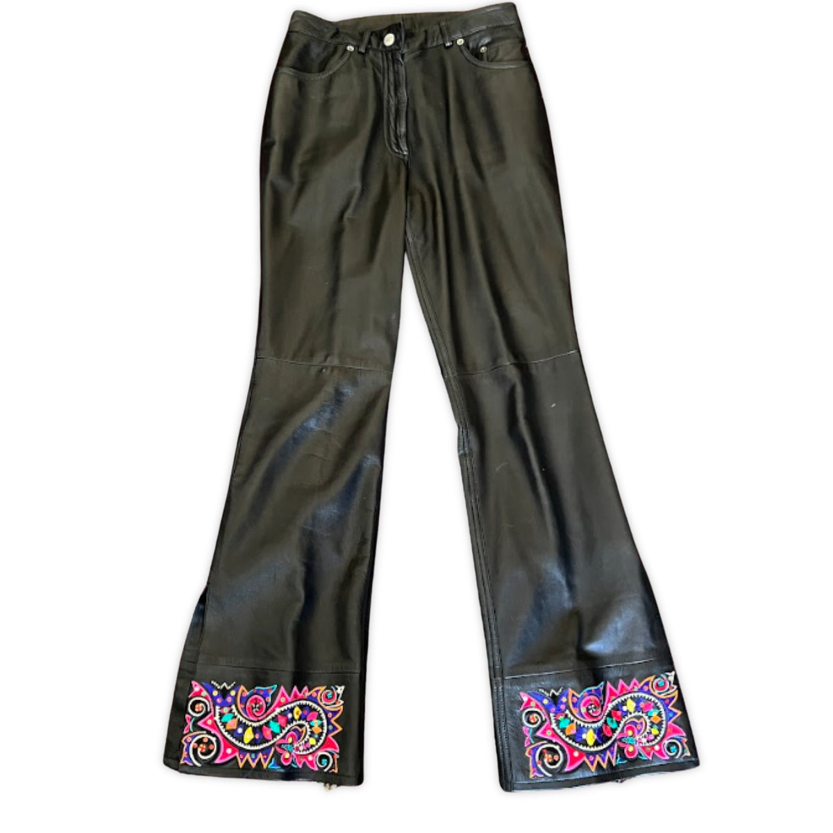 GALLIANO Leather Pants with Embroidered Trim | Size US 6