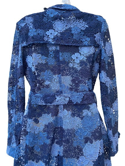BURBERRY Blue Floral Lace Double-Breasted Trench Coat | Size US 6