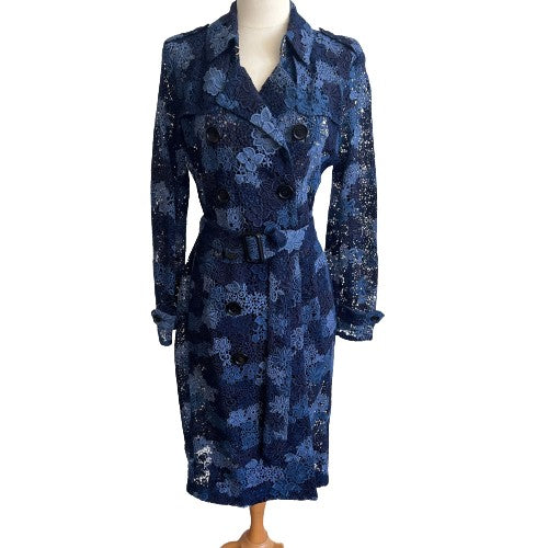 BURBERRY Blue Floral Lace Double-Breasted Trench Coat | Size US 6