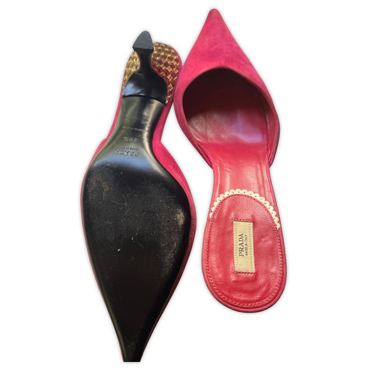 PRADA Pink Suede Pointed Toe Heels | Size 38.5