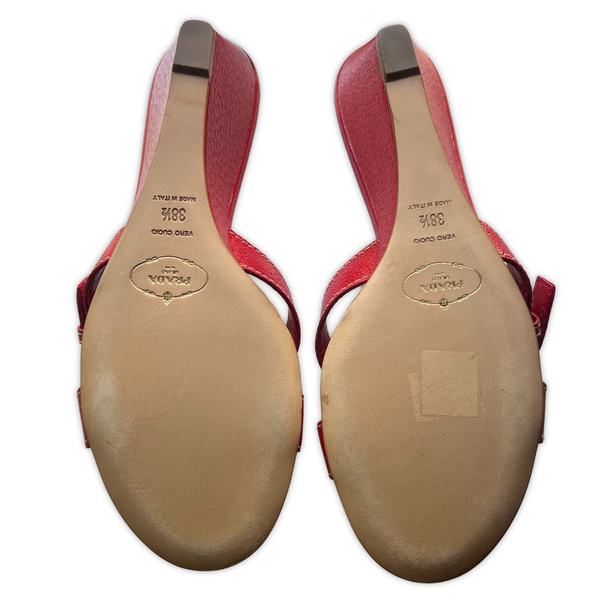 PRADA Red Buckle Detail Wedge Sandals | Size 38.5