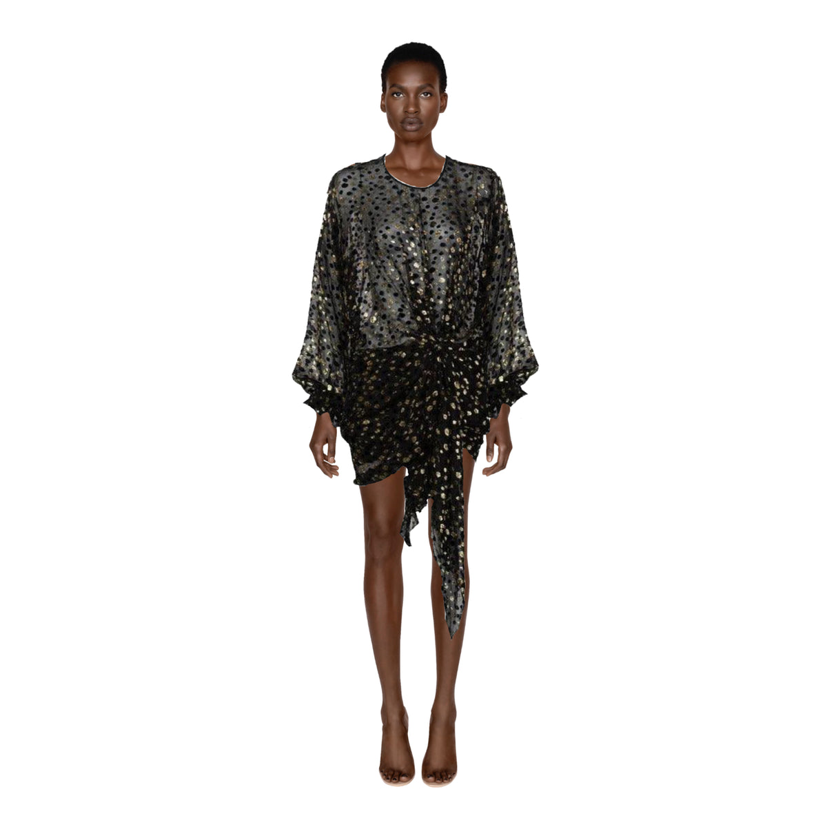 SAINT LAURENT Sheer Black Silk Gold Lurex Dot Cut Out Back Tunic Mini Dress | Size 42