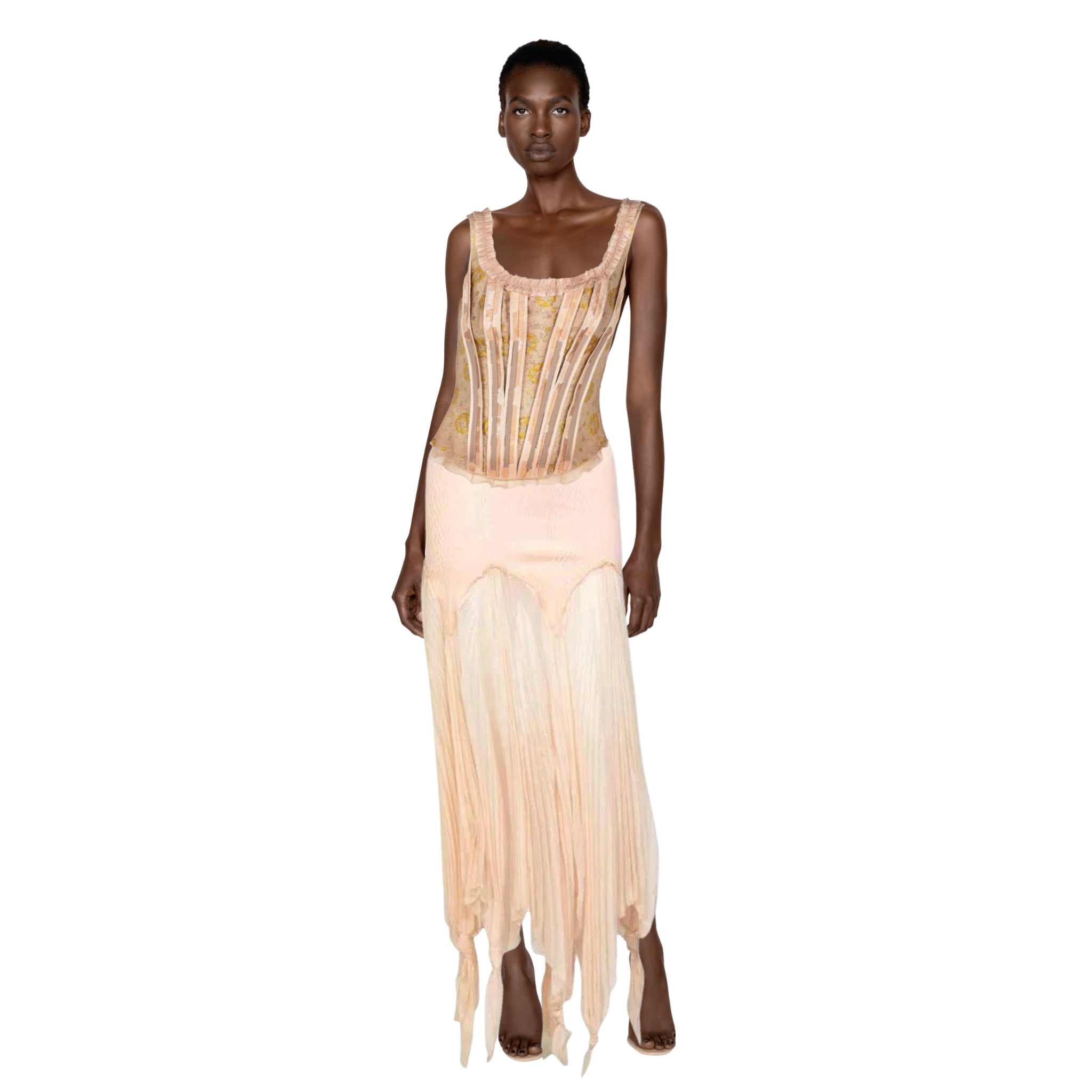 Jean Paul Gaultier Blush Crinkle Silk Chiffon Rib Knit Yoke Skirt