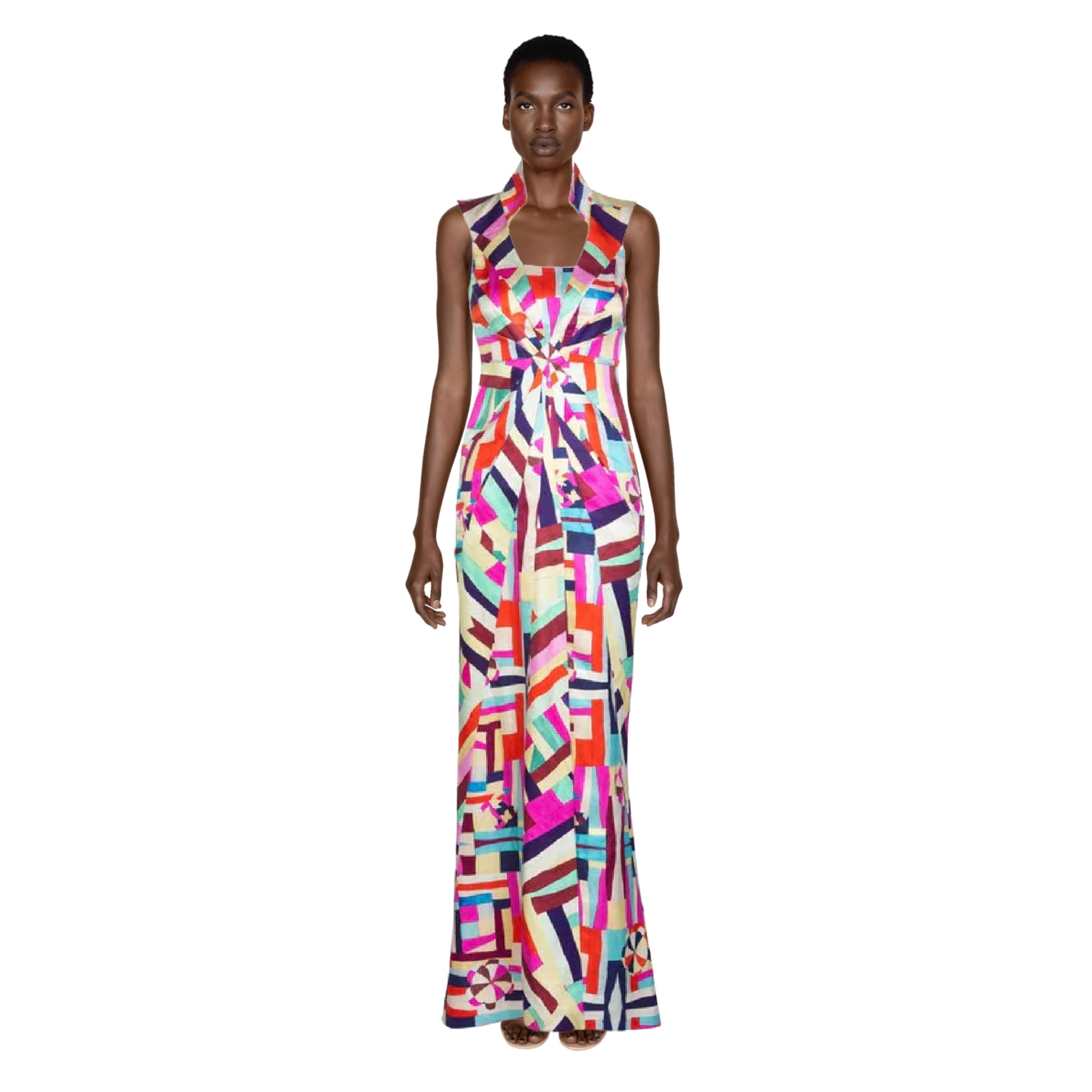 Chanel Multicolor Printed Silk Back Cut Out Sleeveless Maxi Dress