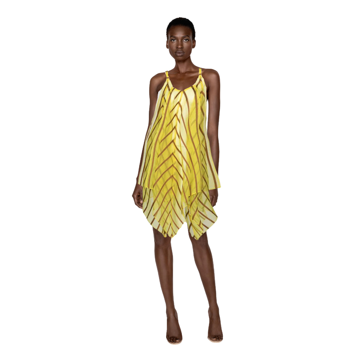 ISSEY MIYAKE Yellow Organza Brown Striped Handkerchief Dress | Small-Large