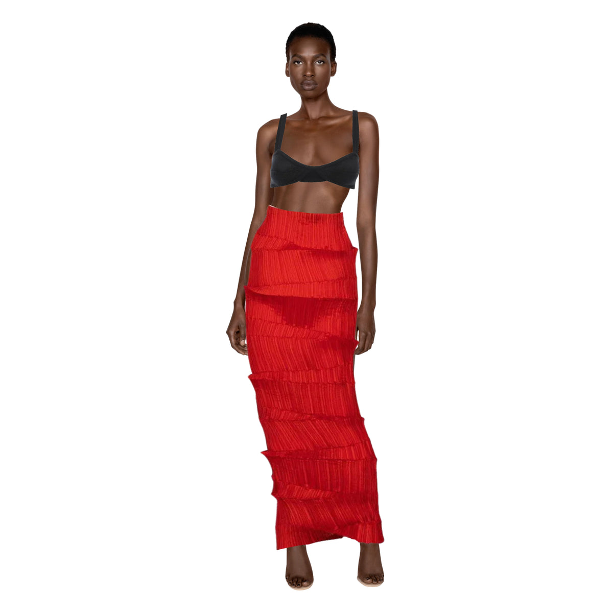 Issey Miyake Red Micro-Pleated Maxi Skirt | S