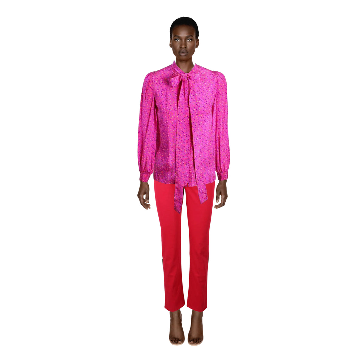 Yves Saint Laurent Pink Confetti Print Silk Bow Tie Blouse | FR 34