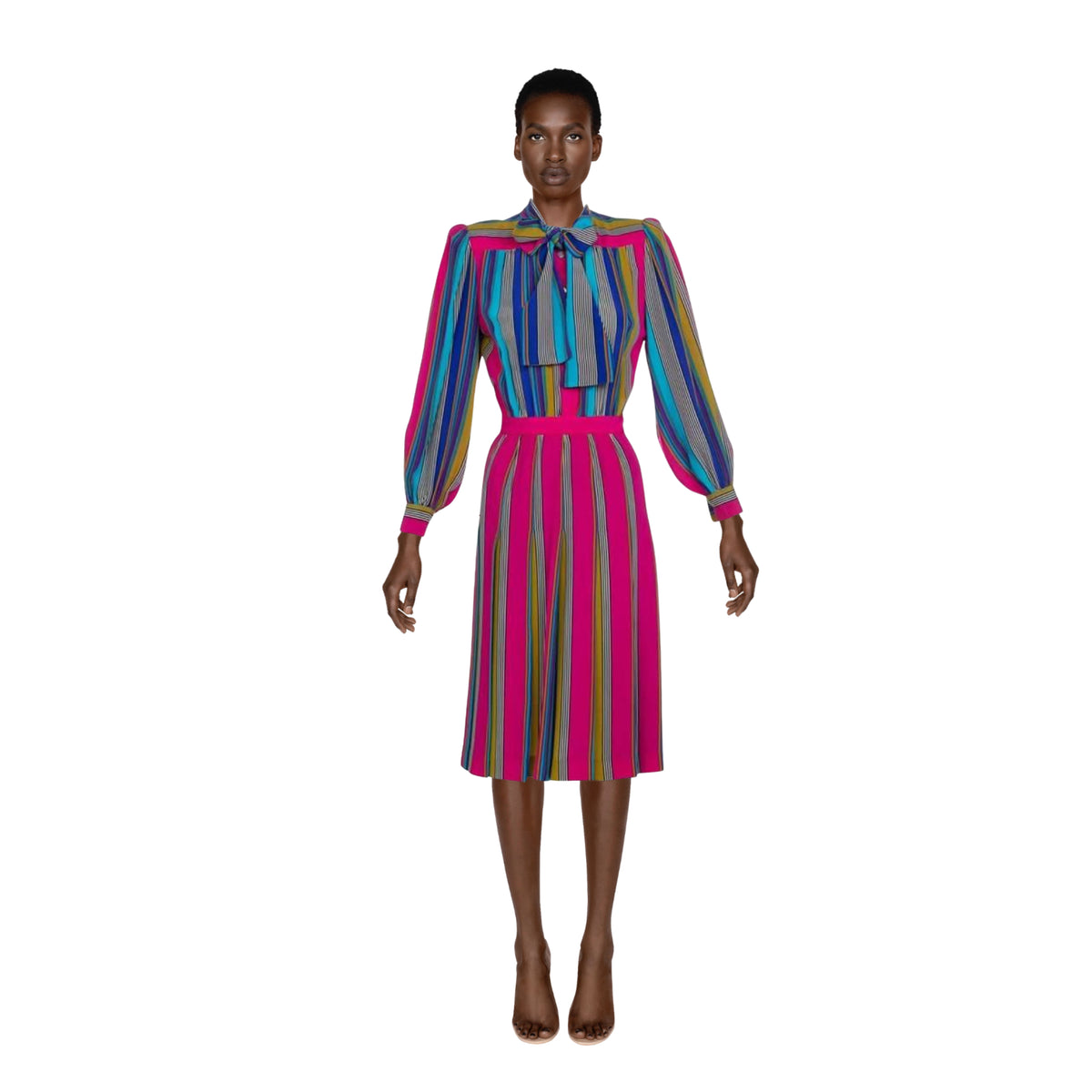 YVES SAINT LAURENT 1982 Multicolored Striped Silk Dress Documented YSL | Size L