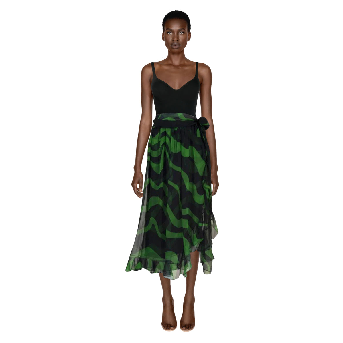 YVES SAINT LAURENT Black and Green Silk Chiffon Ruffle Trim Sash Skirt, 2004 | Size 40