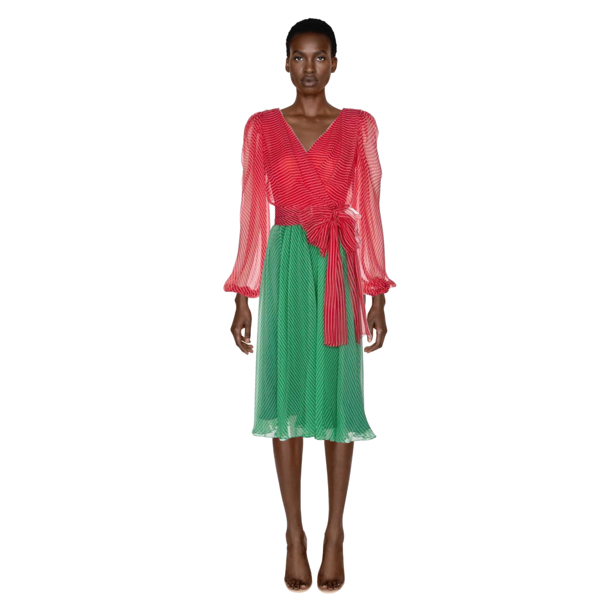 YVES SAINT LAURENT Haute Couture Red / Green Stripe Silk Chiffon Dress | Size S
