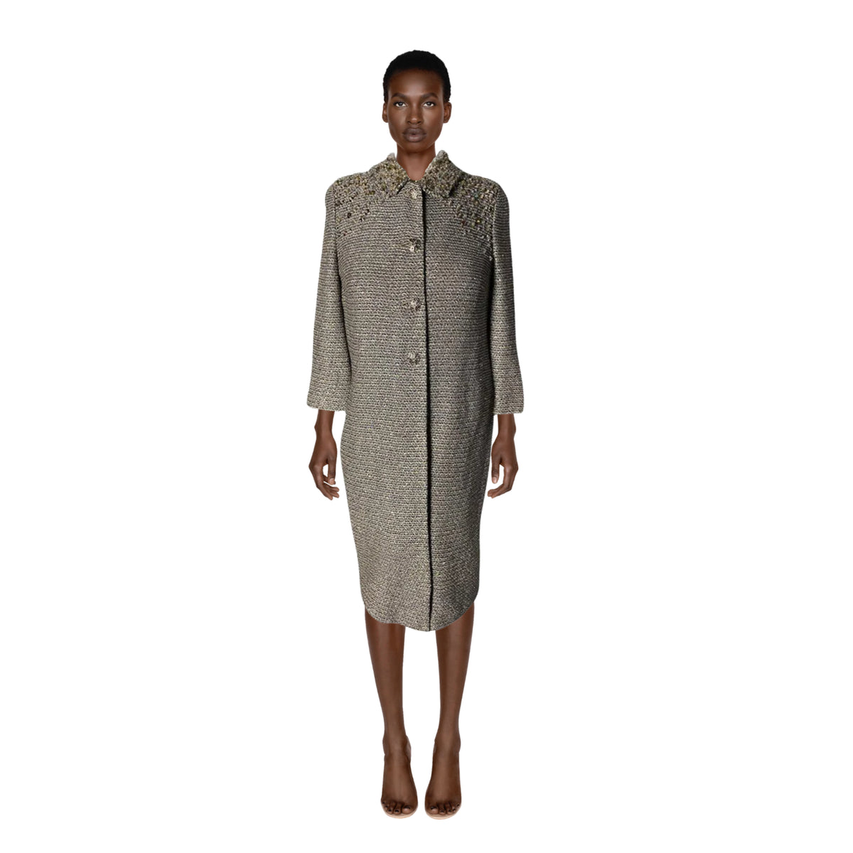 ST. JOHN COUTURE Long Silver Coat with Bead Details | Size US 4