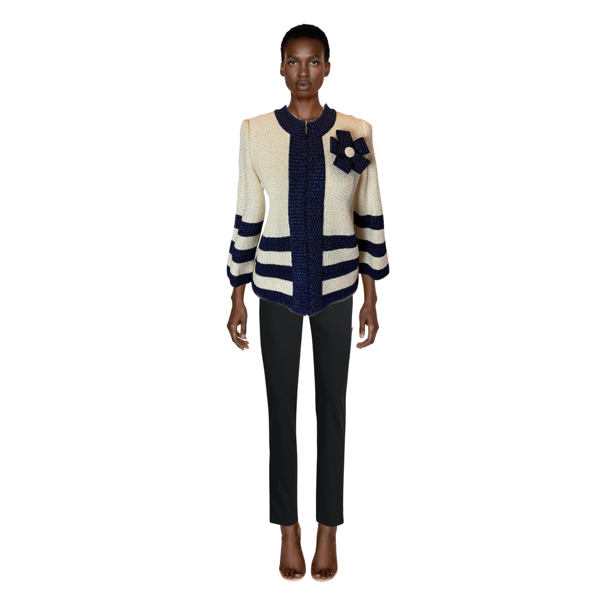 ST. JOHN Cream and Navy Stripe Jacket with Flower Detail | Size US 4