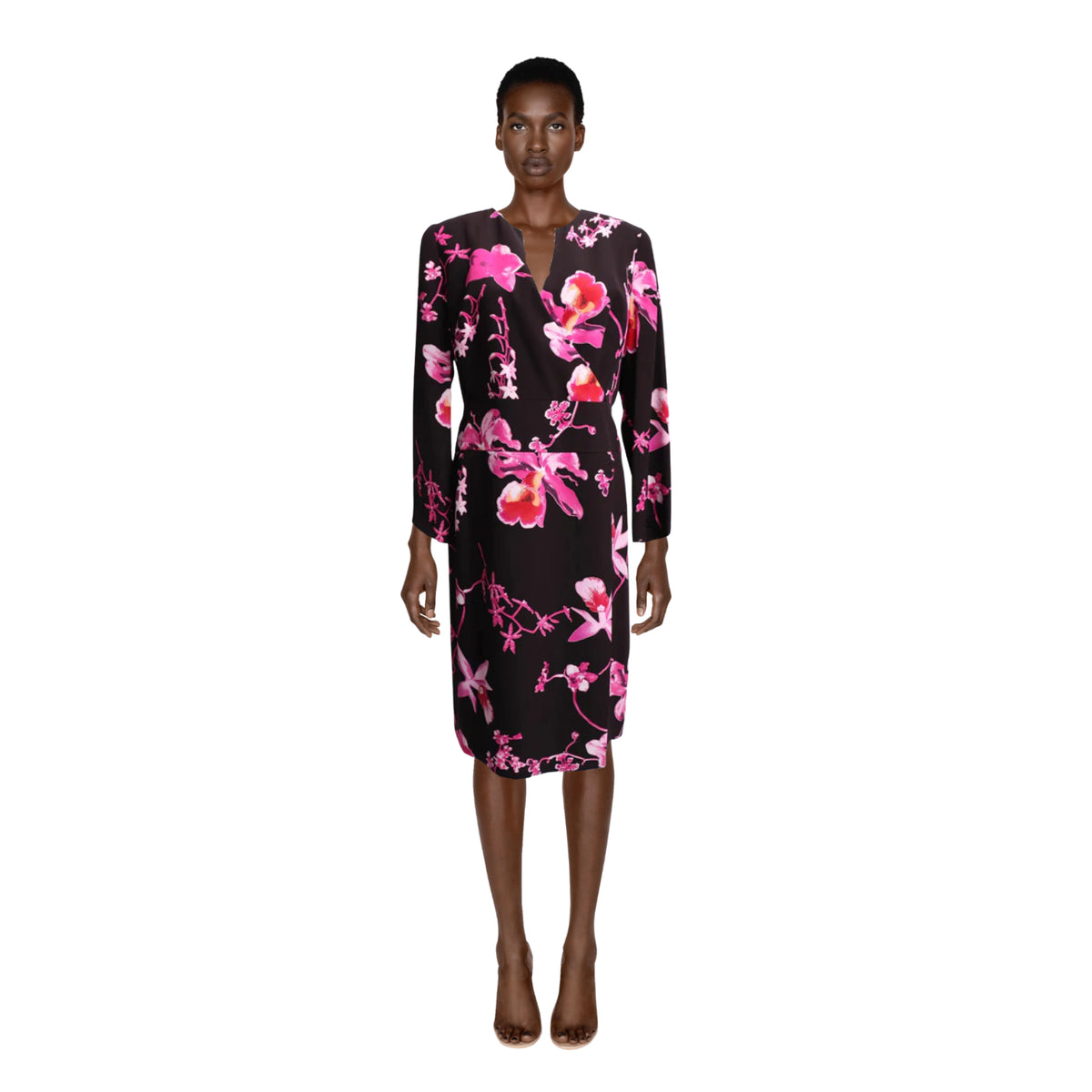 90's Louis Feraud Black and Pink Crepe Floral Dress | Size L