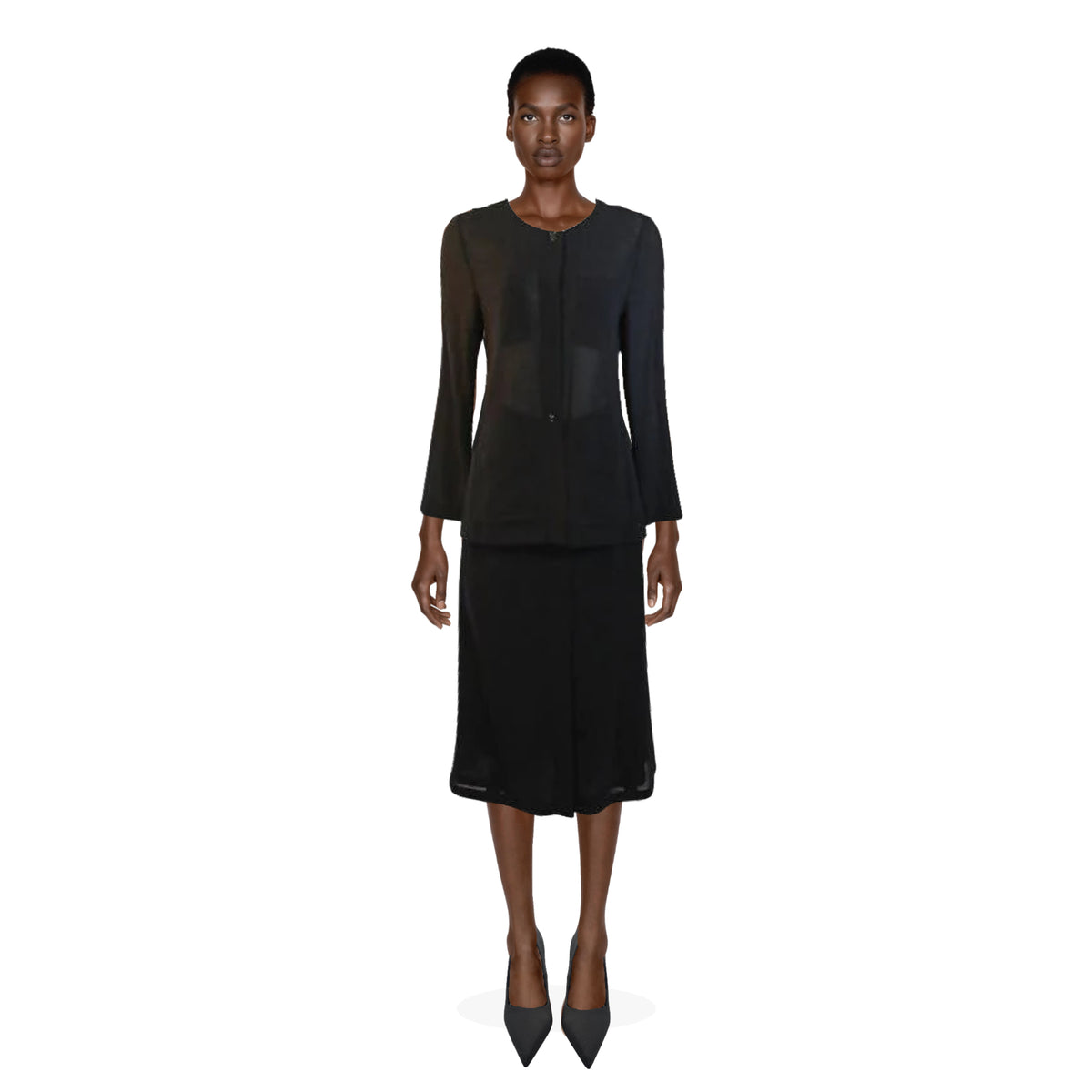 CHANEL Sheer Black Wool Top and Skirt Set | Size 40