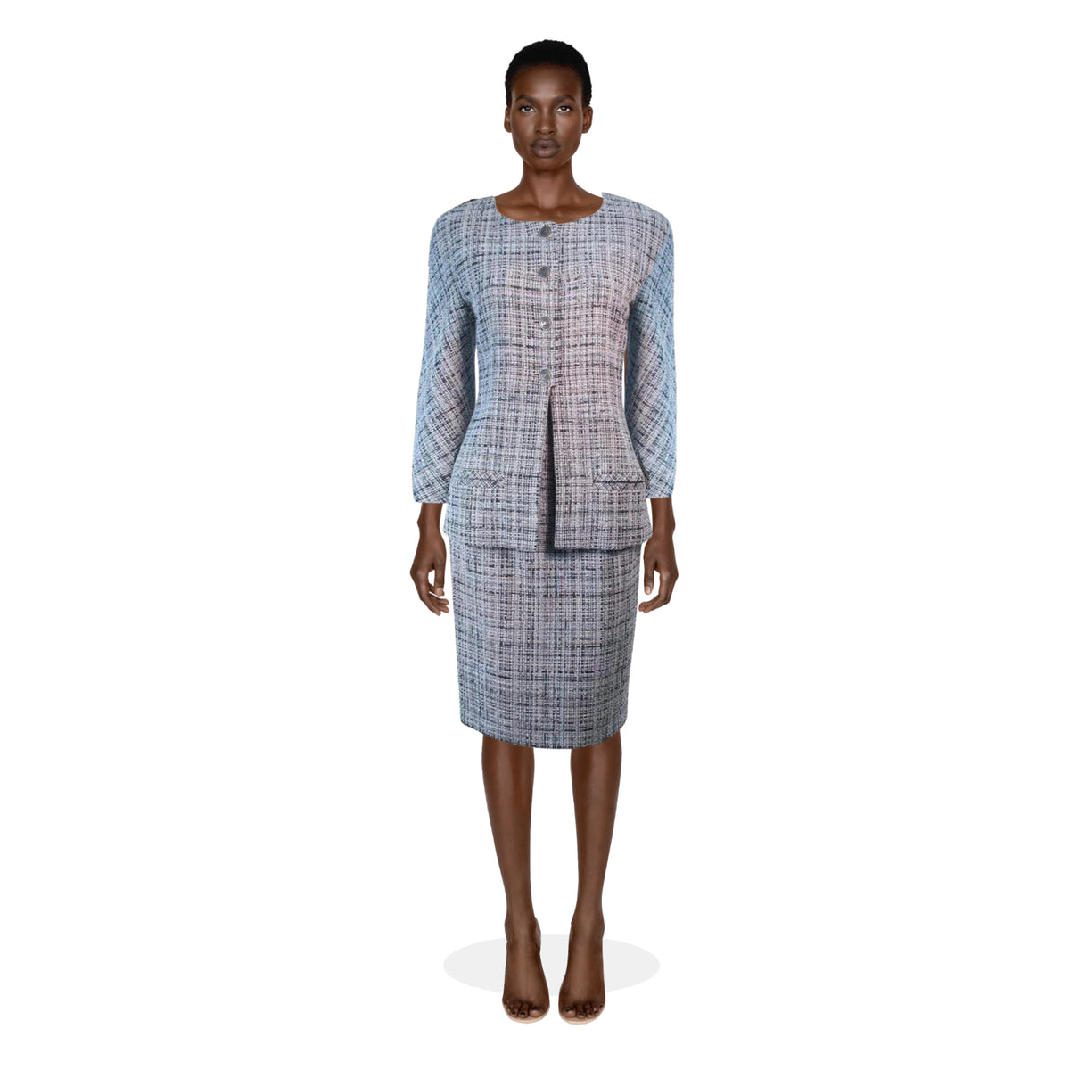 CHANEL Grey and Blue Skirt Suit | Size 42