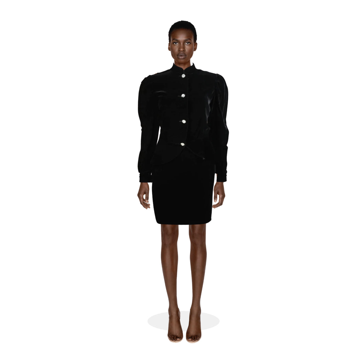 VICKY TIEL Velvet Black Skirt Suit with Rhinestone Buttons | Size S