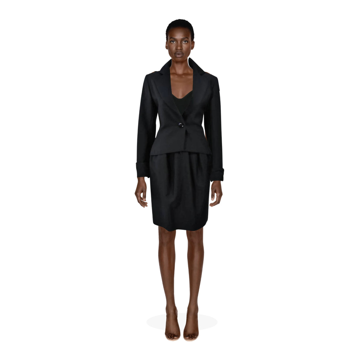 YVES SAINT LAURENT Wool Black Skirt Suit with Satin Trim | Size 36