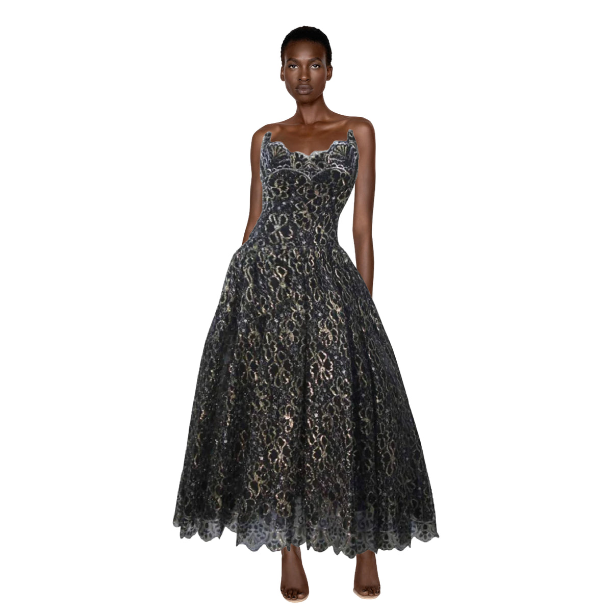 ARNOLD SCAASI Black & Gold Floral Lace Gown | Size 4/6