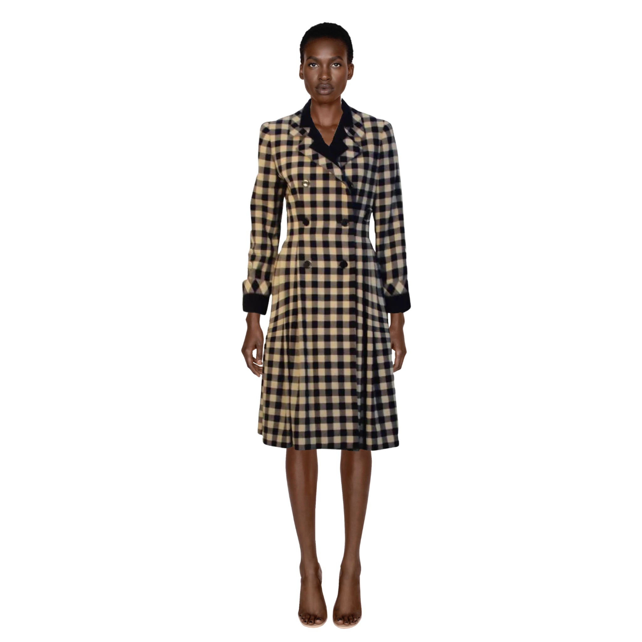 GIVENCHY Navy Cream Plaid Fitted Flared Coat Dress Size 28