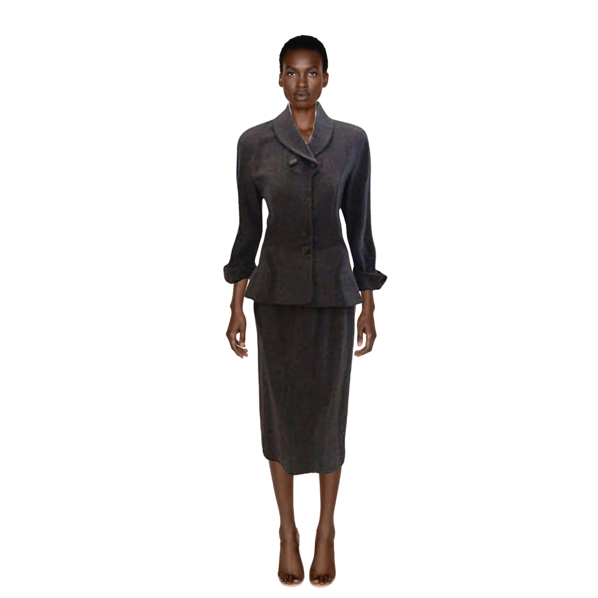 HATTIE CARNEGIE Grey Wool Fitted Jacket Skirt Set | Size 26