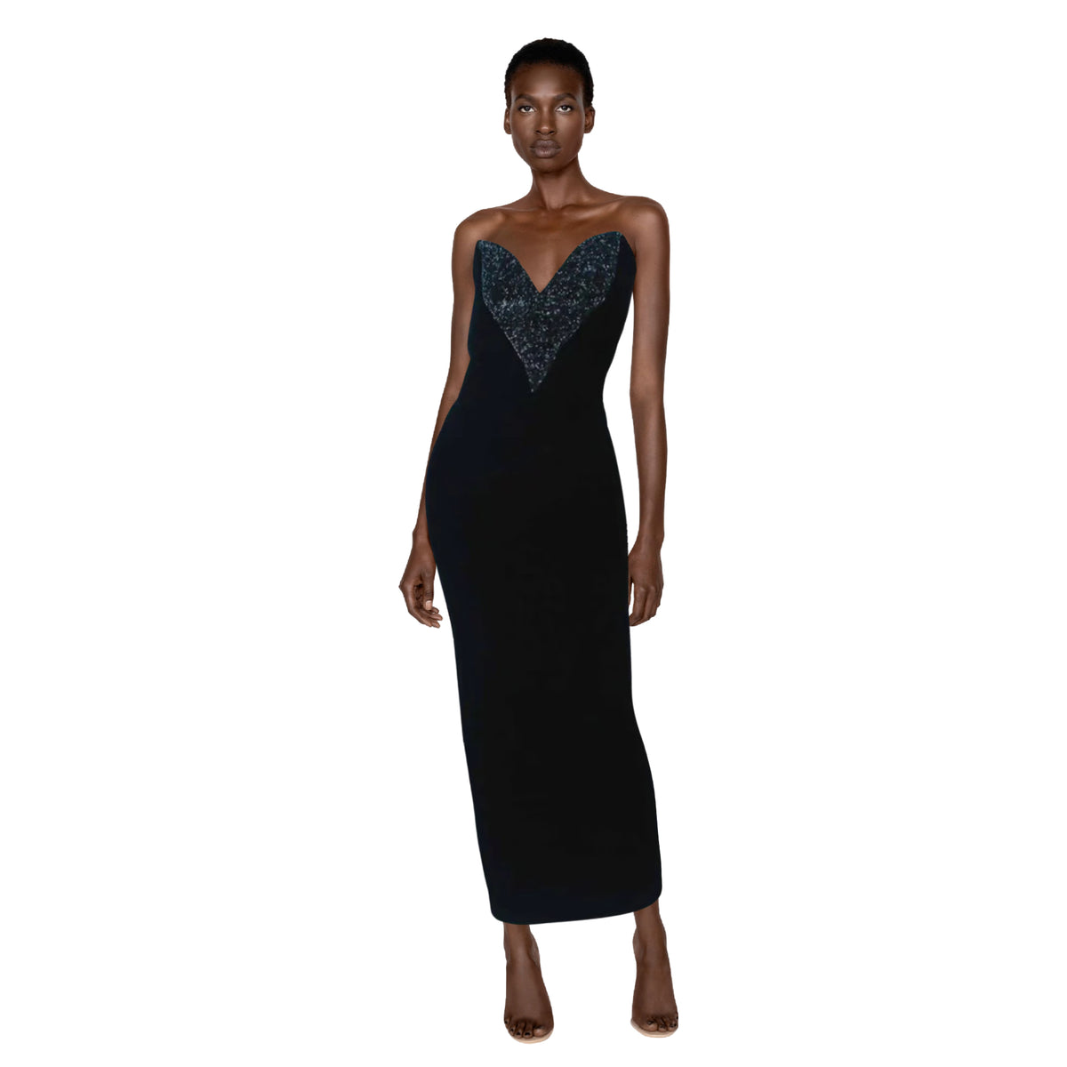 OLEG CASSINI Black Velvet Strapless Beaded Gown | US 8/10