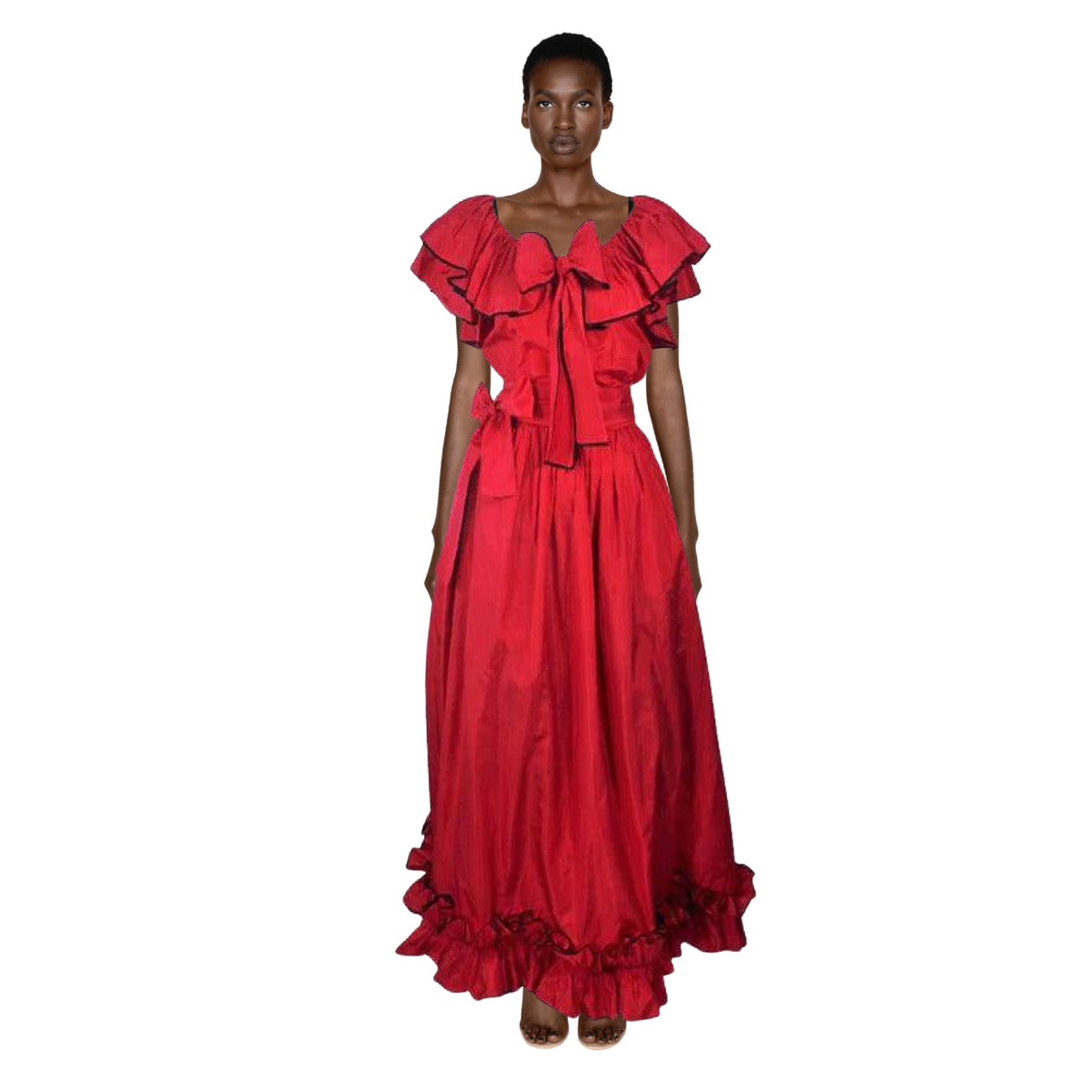 Yves Saint Laurent Red Satin Ruffled Skirt Set | 40