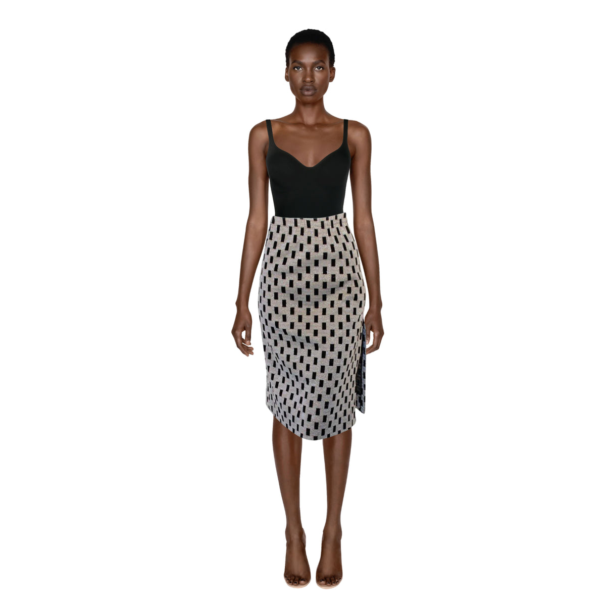 RUDI GERNREICH Black & Silver Knit Checkered Slit Skirt | Size S