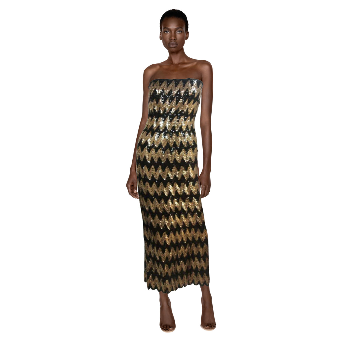 Arnold Scaasi Strapless Black and Gold Knit Sequin Gown | US 2-4