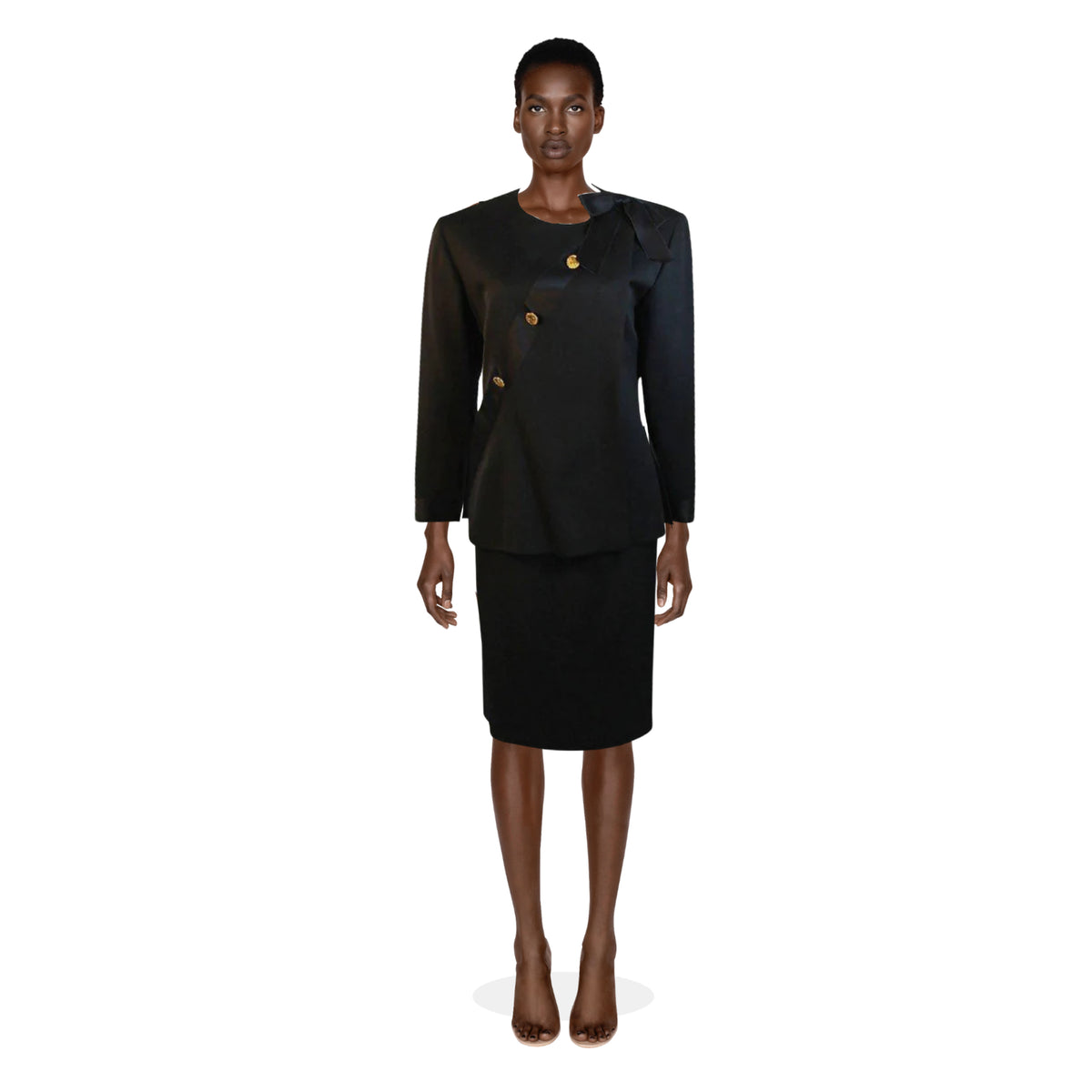 CHANEL 1990's Black Wool Silk Ribbon Jacket and Skirt Suit | Size FR 36