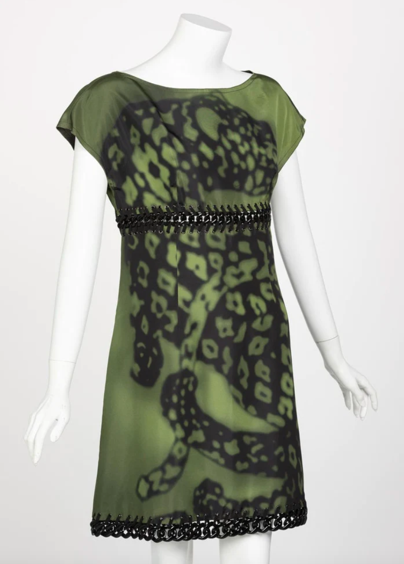 Prada Green Black Chain Inset Printed Shift Dress, Resort 2009 | 46