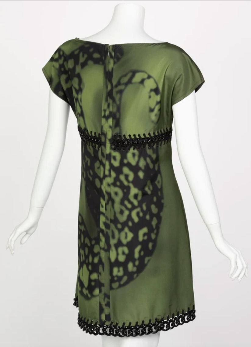 ワンピース PRADA Army Green Cotton Blend Dress Prada Green Black Chain Inset Printed Shift Dress, Resort
