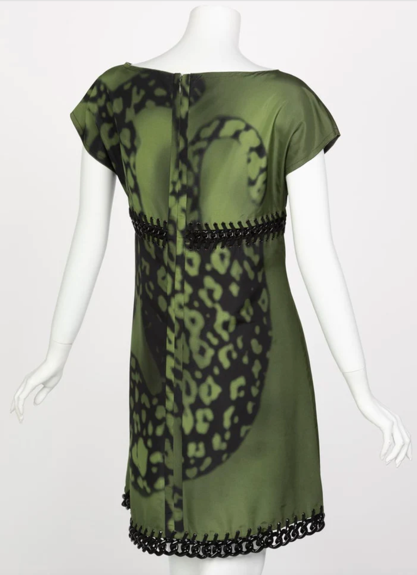 Prada Green Black Chain Inset Printed Shift Dress, Resort 2009 | 46