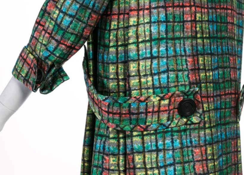 Galanos Couture Emerald Colorful Print Side Pleat Coat, 1970S | S/M