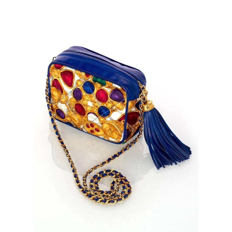 Pre-owned CHANEL 1990s Silk Gripoix Jewel Print Blue Leather Tassel Chain Crossbody Bag - theREMODA