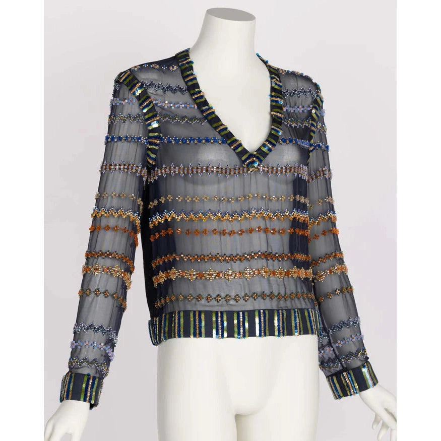 Pre-Owned CHANEL Métiers D’art 2013 Beaded Sheer Silk & Leather Deep V Top - theREMODA