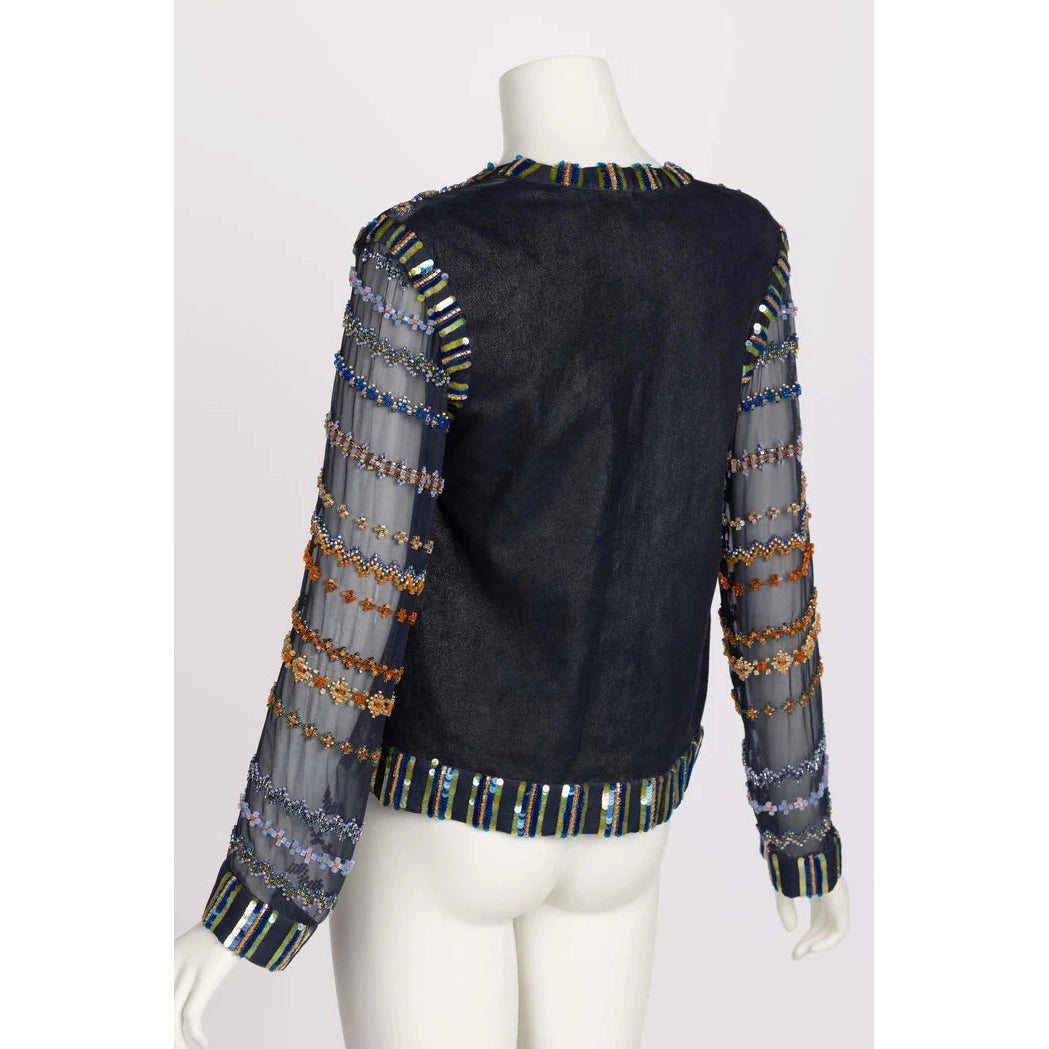 Pre-Owned CHANEL Métiers D’art 2013 Beaded Sheer Silk & Leather Deep V Top - theREMODA