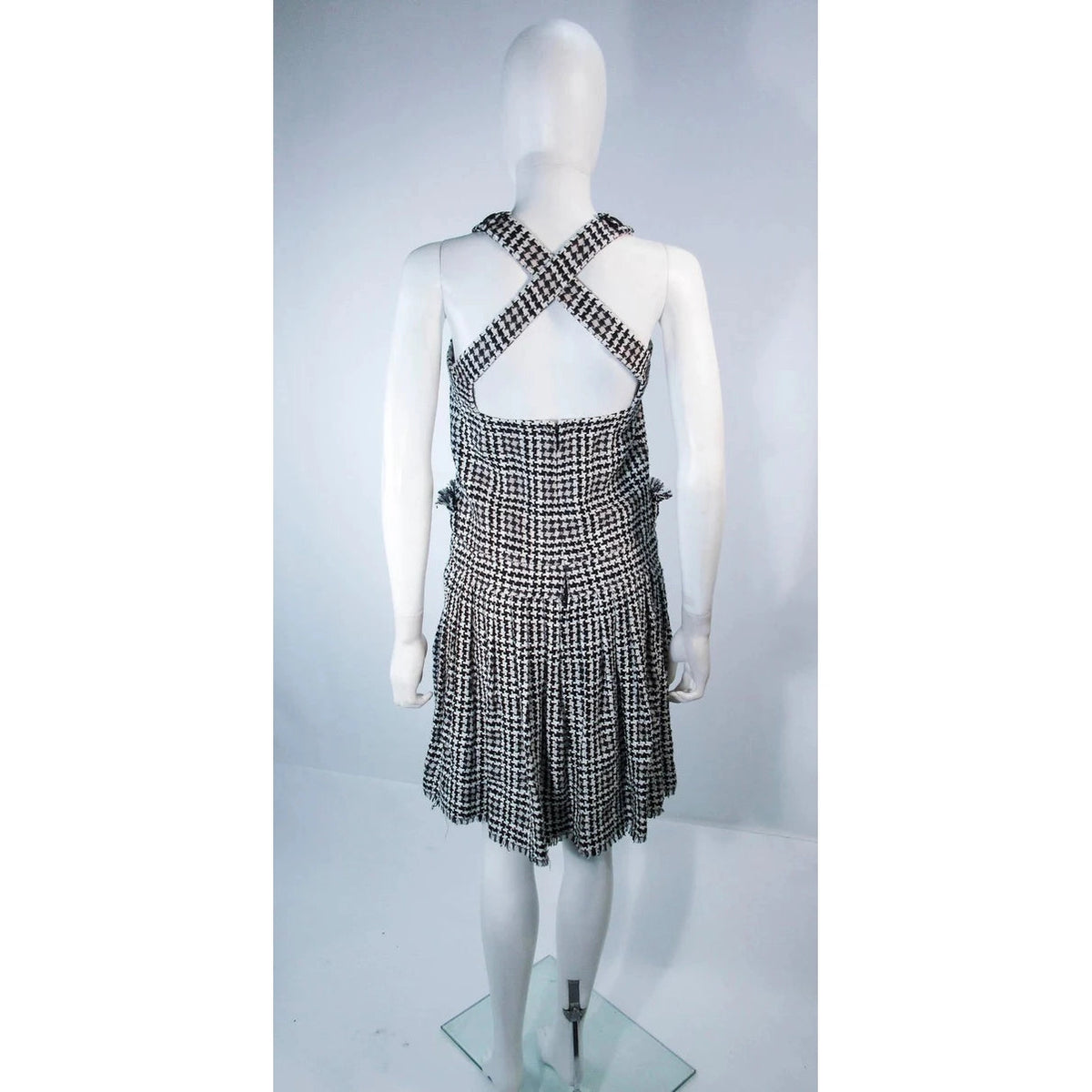 CHANEL Black and White Tweed Criss Cross Back Dress