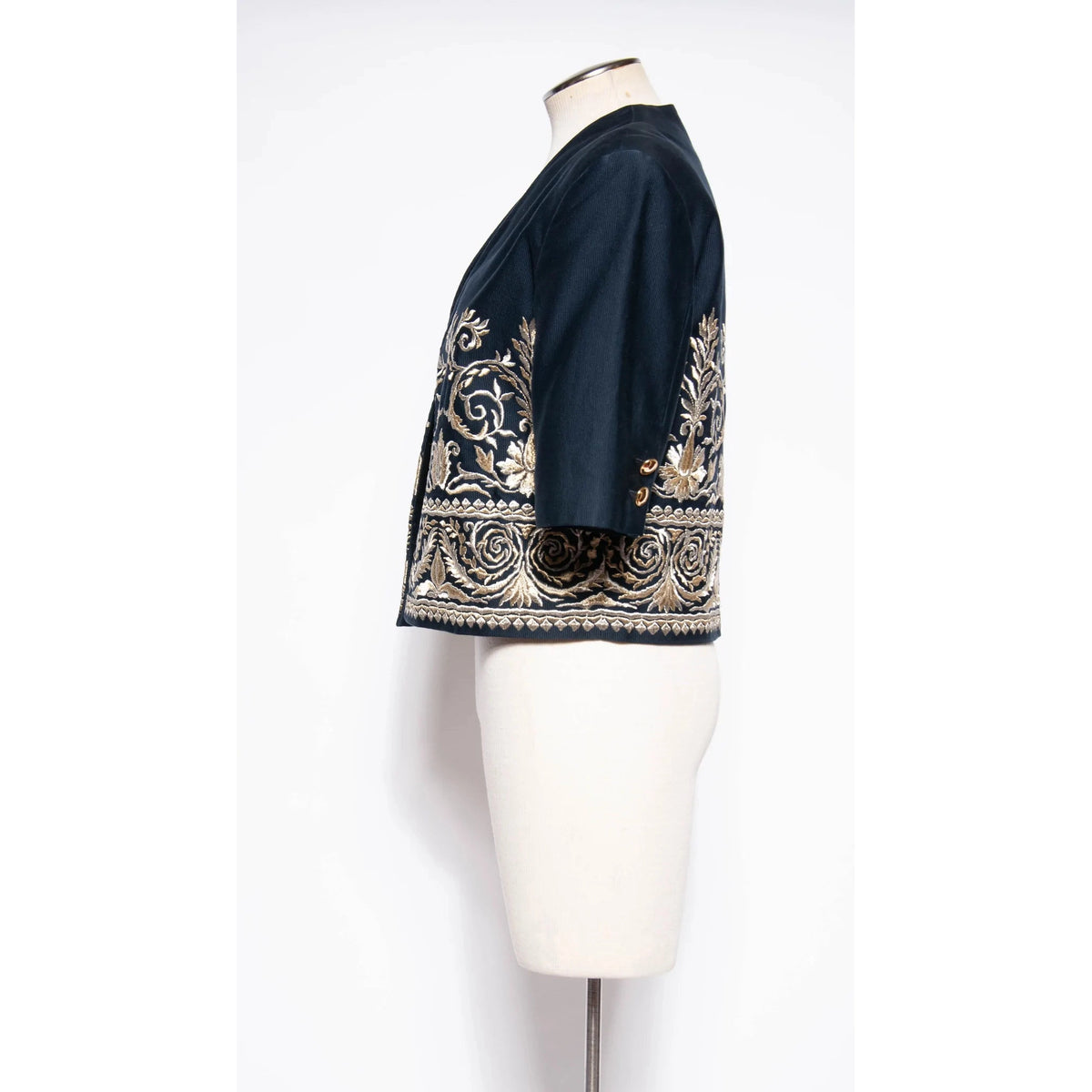 BYBLOS Vintage Navy Cotton Cropped Jacket with Gold and Silver Embroidery | Large - theREMODA